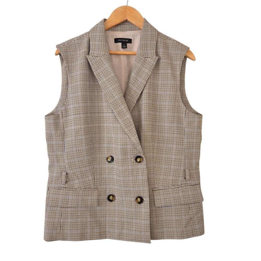Ann Taylor Vest Womens 16P Houndstooth Plaid Double Breasted Old Money Preppy